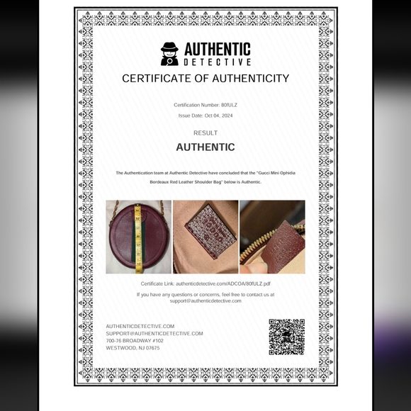 Gucci Mini Ophidia  Leather Shoulder Bag Bordeaux Red with Dustie COA EUC - Picture 14 of 15